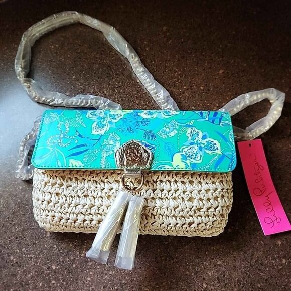 New lilly Pulitzer cross body straw handbag in a flutter botanical green - Picture 1 of 5